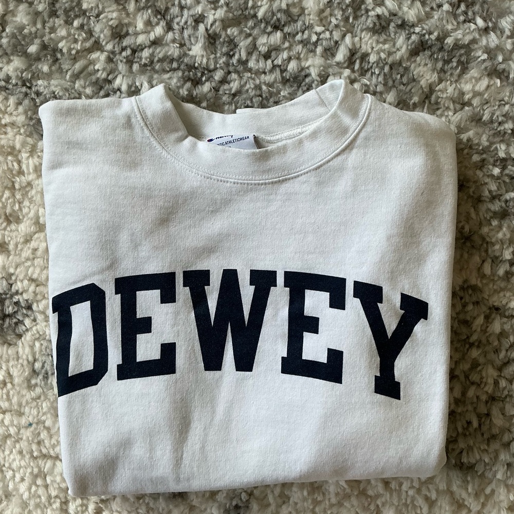 Champion White Sweatshirt with Blue DEWEY Print
